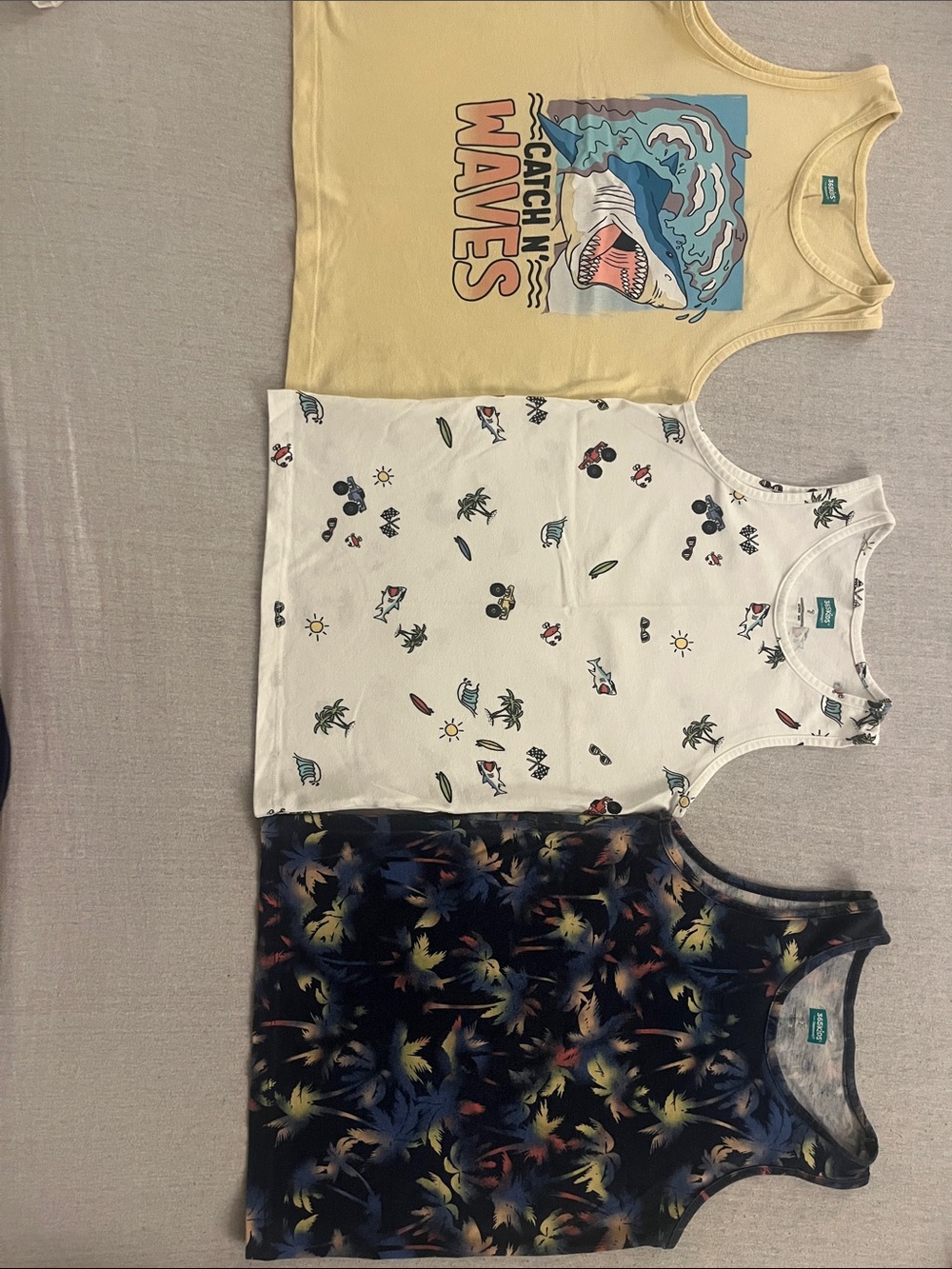 3-Pack Kids Tank Tops - Yellow Shark, White Beach Icons & Navy Palm